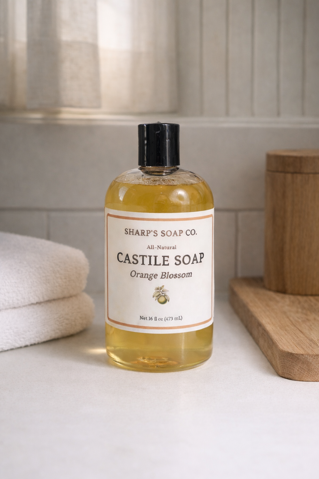 Bottle of Sharp's Soap Co. Castile Soap (Orange Blossom) on a counter with towels and a wooden tray in the background.