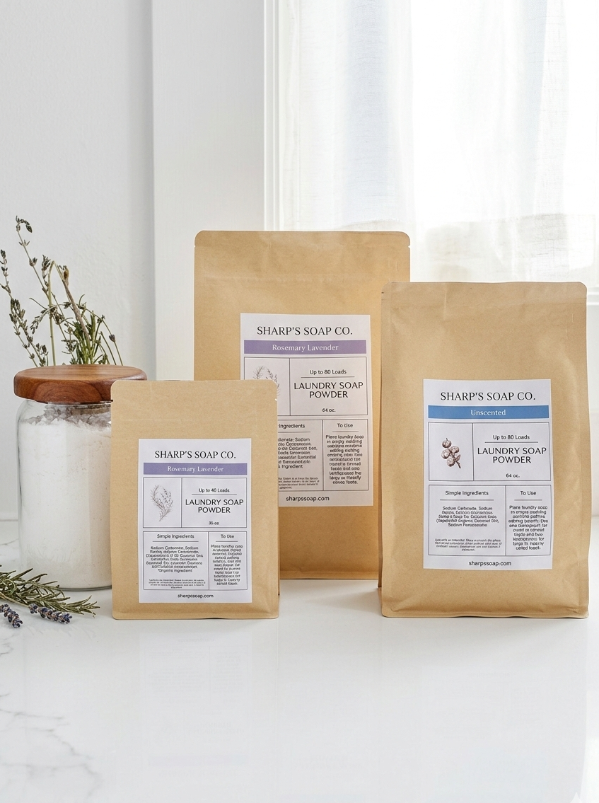 Three bags of Sharp's Soap Co. laundry soap powder on a white surface with a candle and lavender plants in the background.