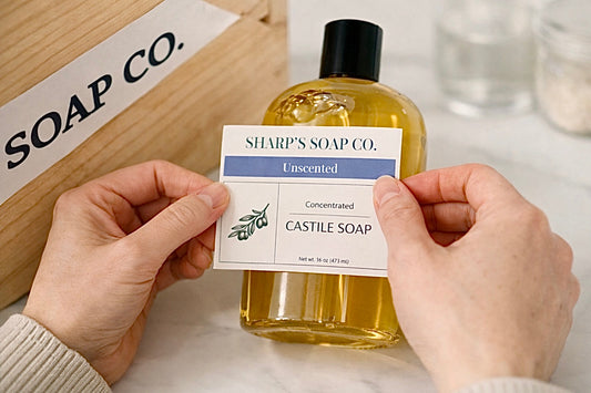 Close-up of hands labeling a 16 oz bottle of unscented Castile soap on a white marble counter in a bright studio.