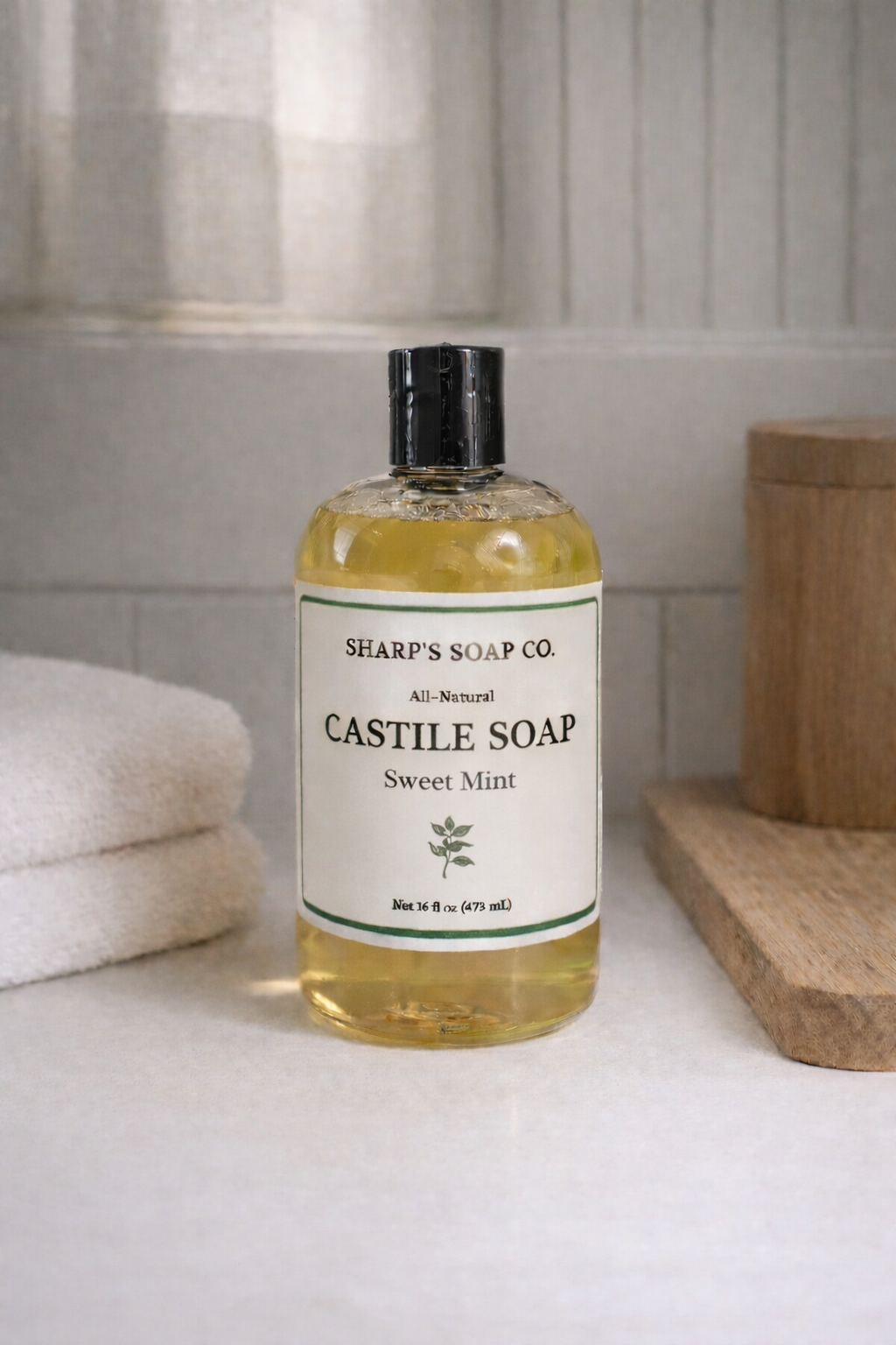 Bottle of Sharp's Soap Co. Castile Soap Sweet Mint on a counter with towels and a wood tray.