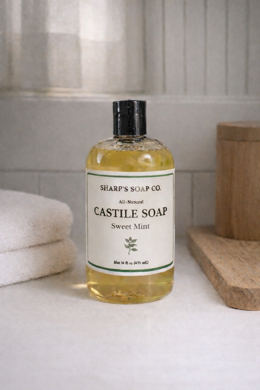 Bottle of Sharp's Soap Co. Castile Soap Sweet Mint on a counter with towels and a wood tray.