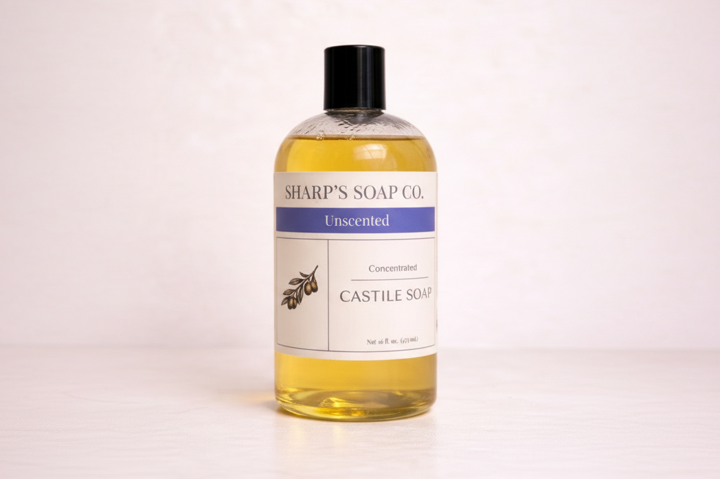 Bottle of Sharp's Soap Co. unscented castile soap on a light pink background